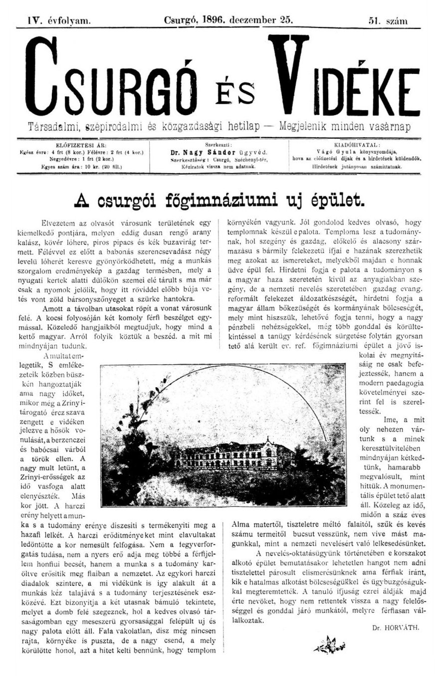 Cikk: A csurgoi f�gimn�zium �j �p�lete