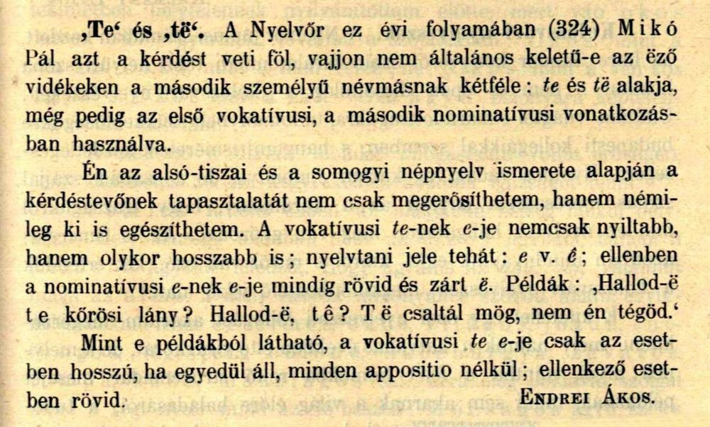 Endrei �kos egyik �r�sa a Magyar Nyelv�rben