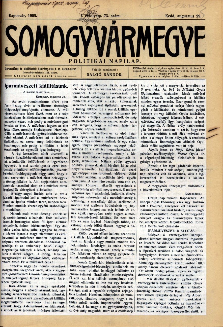Somogyv�rmegye 1905. augusztus 29., 1. oldal