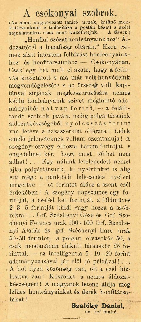 Szal�ky besz�mol�ja a szobrokra felaj�nlott adom�nyokr�l