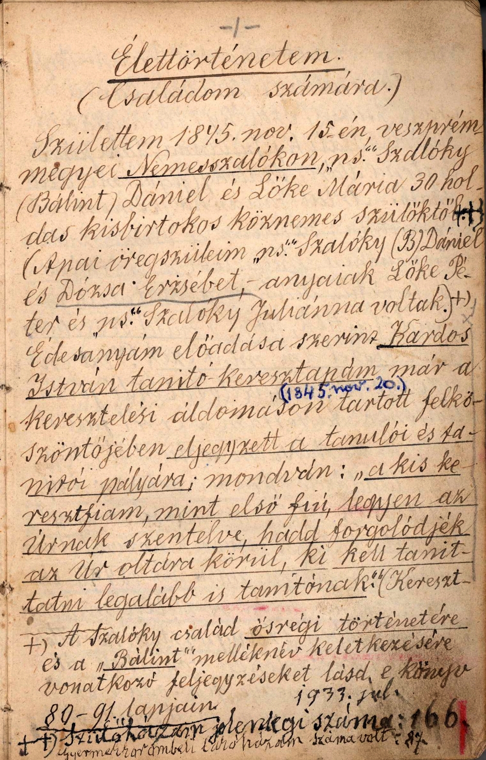 Szal�ky D�niel napl�j�nak els� oldala