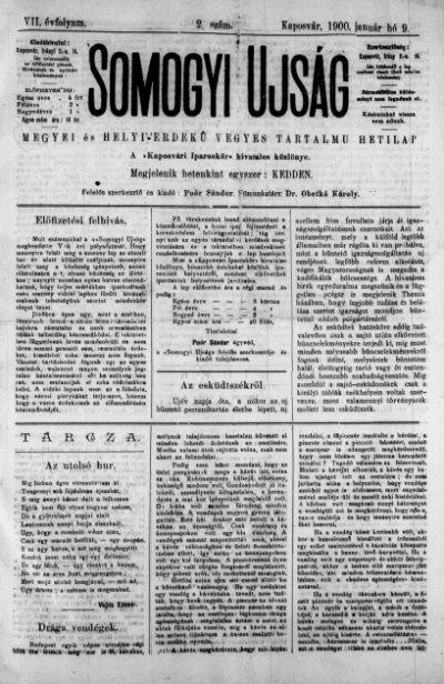 Somogyi Újság 1900. 01. 09. (VII. évfolyam, 2. sz.) – borító
