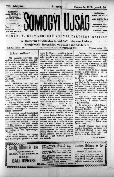Somogyi Újság 1905. 01. 18. (XII. évfolyam, 3. sz.) – borító